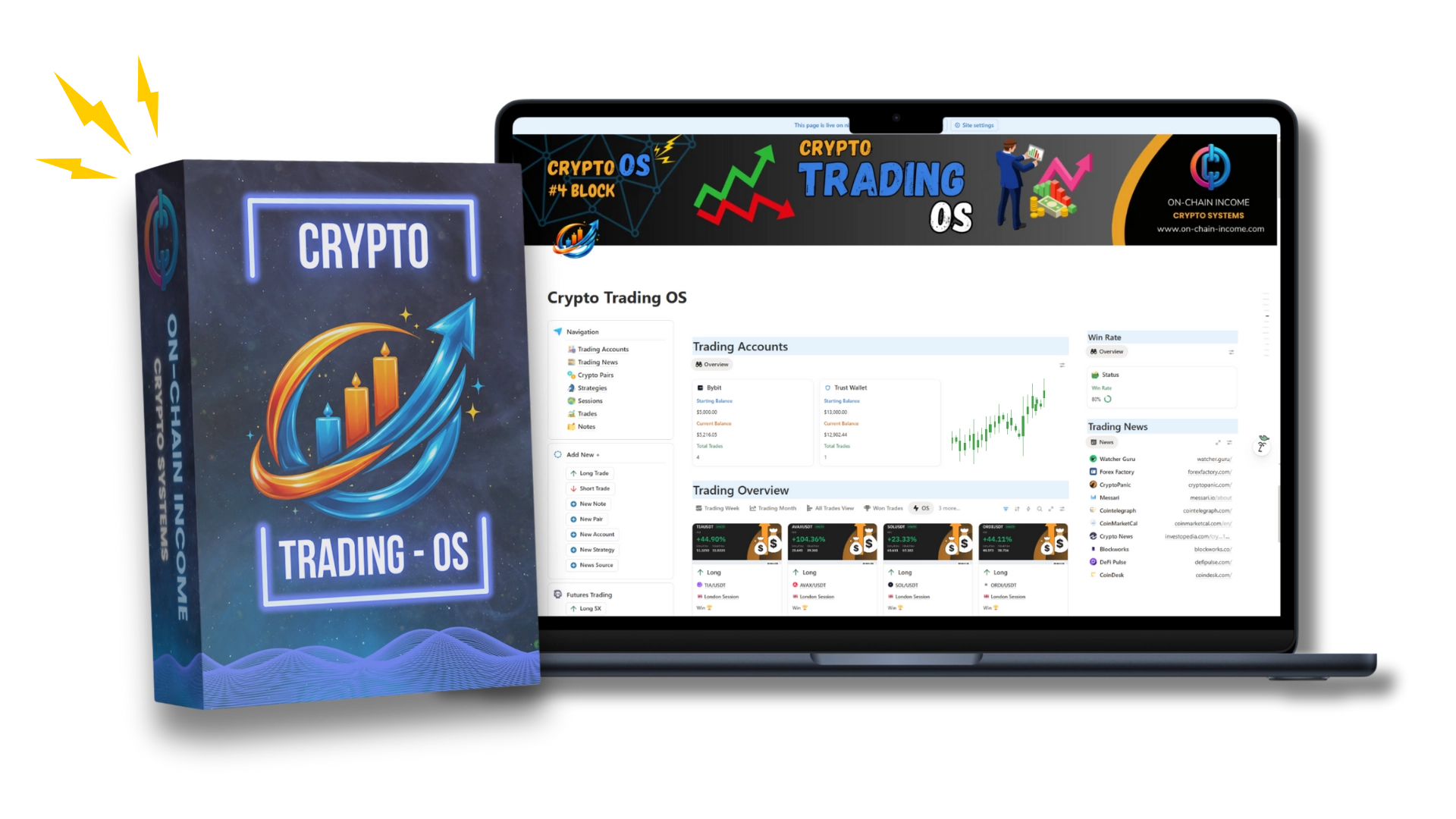 Tablet mockup displaying the interface of the crypto trading journal Notion Template, alongside a software box mockup featuring the crypto trading journal logo, representing a comprehensive solution for managing your crypto trades in one place