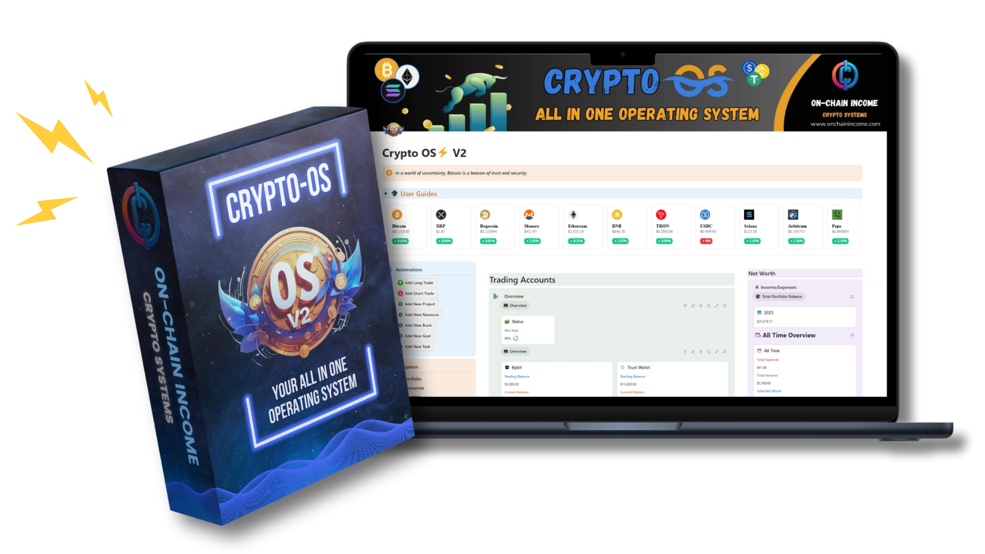 Crypto OS - V2 box mockup image. master crypto in one place with crypto os, your all in one operating system for all things crypto