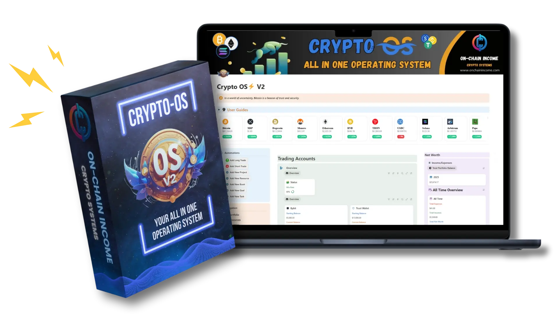 Tablet mockup showcasing the intuitive interface of the Crypto OS Notion Template, accompanied by a software box mockup featuring the iconic Crypto OS logo. This comprehensive solution empowers you to navigate the crypto landscape with confidence, equipping you with the tools and strategies necessary to master your crypto journey.