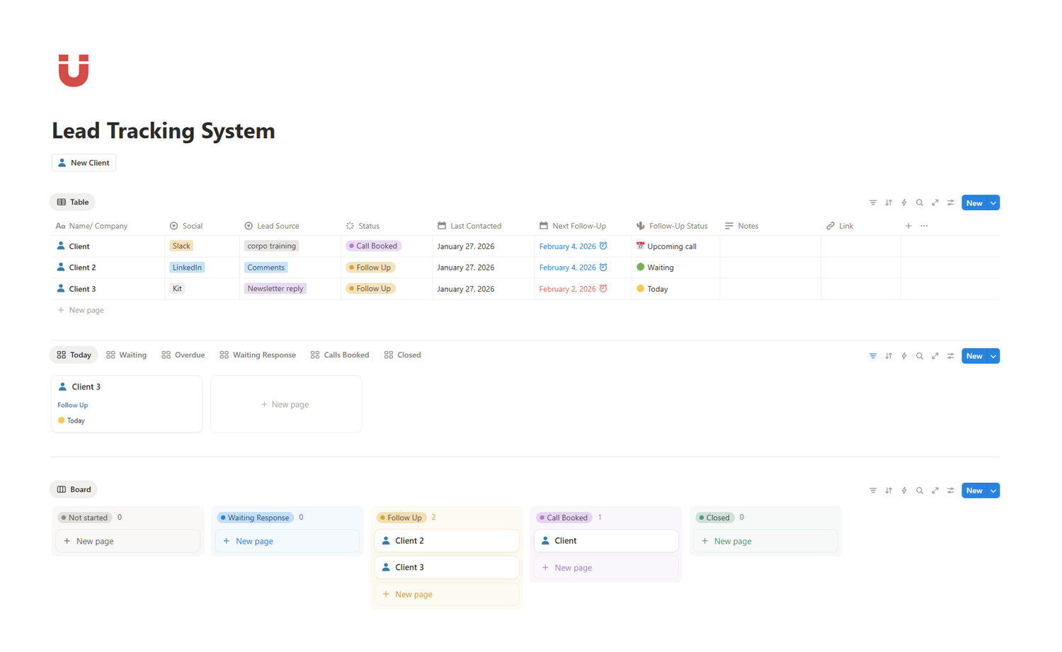 Notion client lead tracking system.