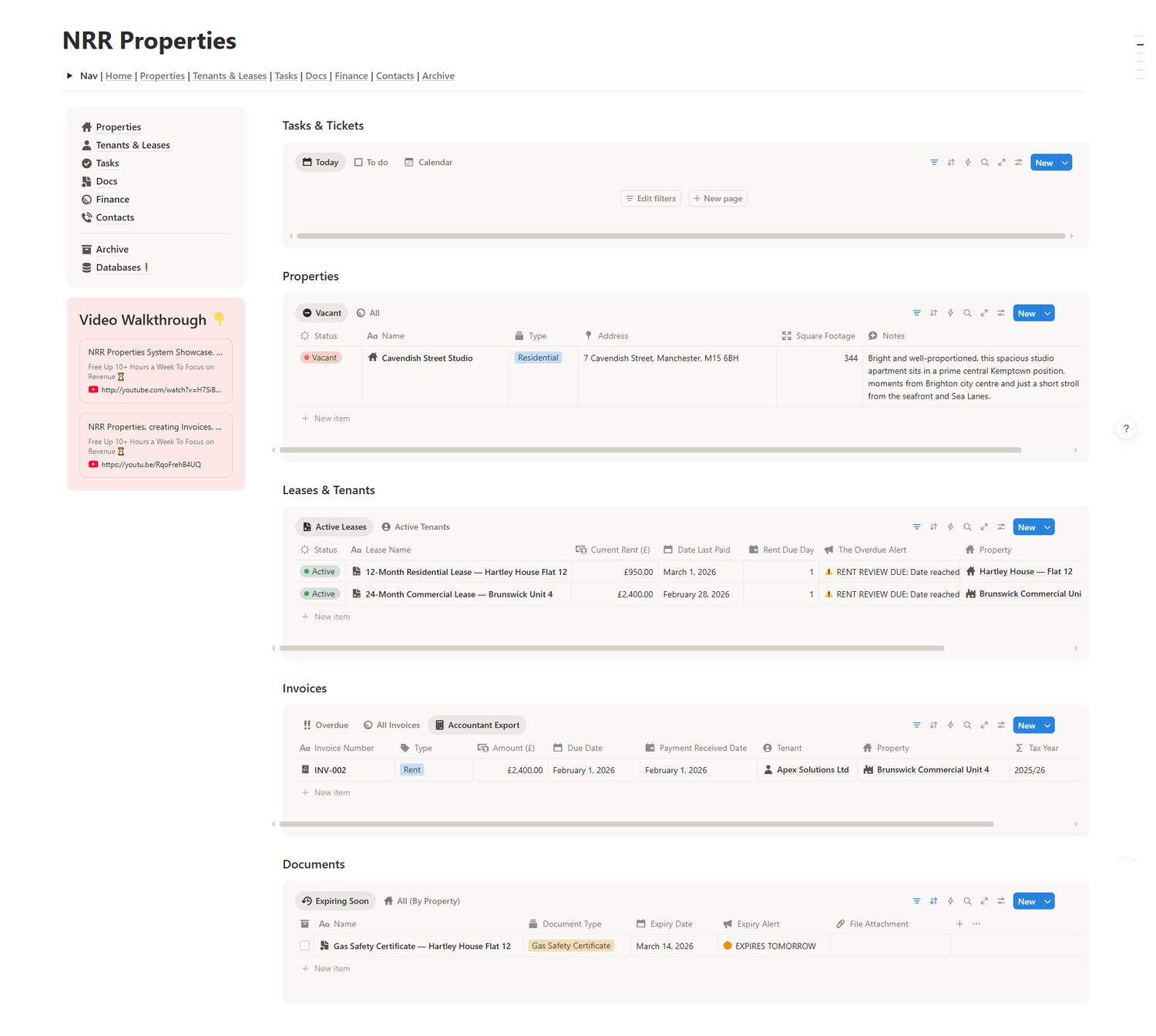 Notion property management system for UK landlord - showing leases, rent tracking, invoices, and compliance document expiry alerts