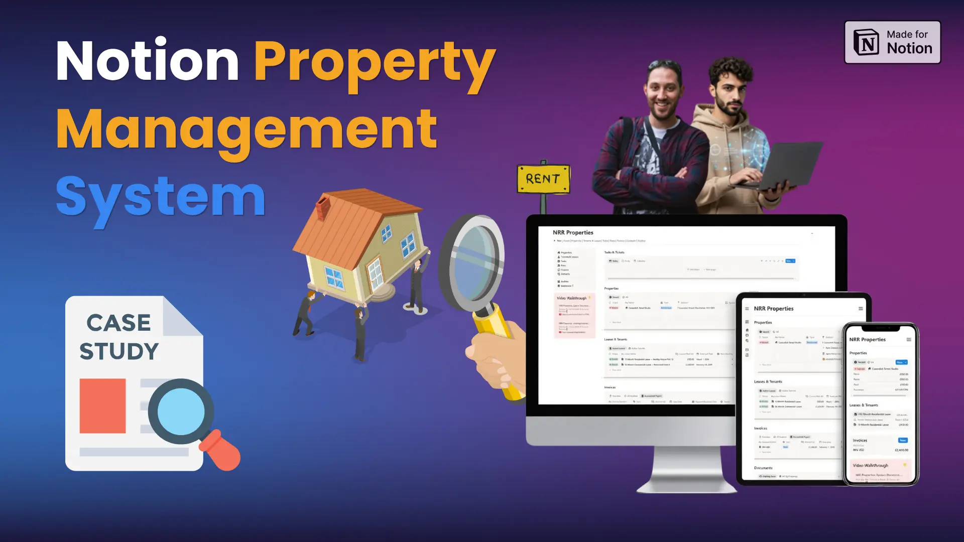 Notion Property Management System dashboard displayed on desktop, tablet, and mobile - NRR Properties case study featuring tenant management, lease tracking, and invoice tools built for Notion