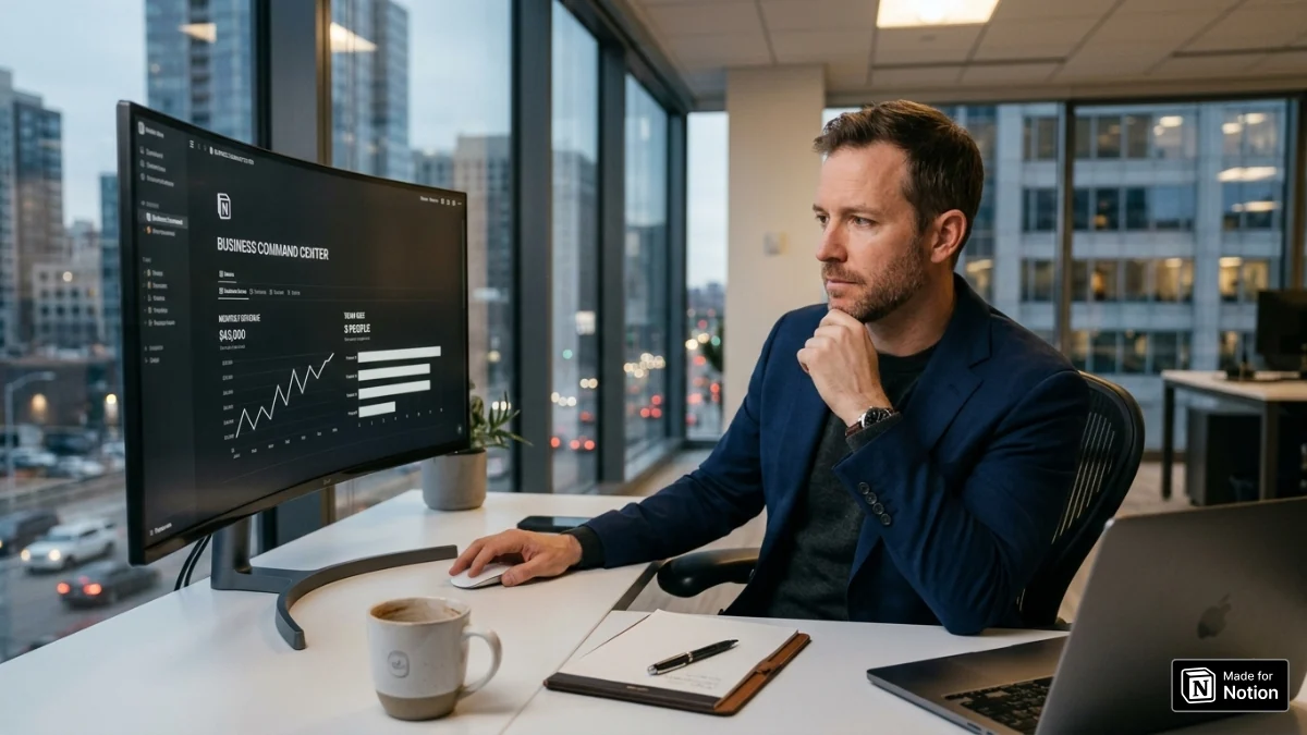 A focused male business owner sitting at a modern office desk, looking at a large curved monitor displaying a "Business Command Center" Notion dashboard with growth charts and revenue data.