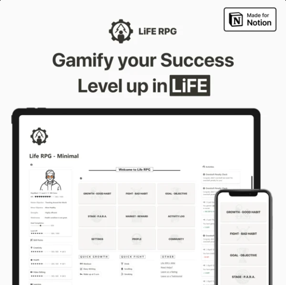 LiFE RPG 2.0 Notion template product card - Gamify your Success, Level Up in LiFE - habit tracking dashboard shown on desktop and mobile, with daily goals, rewards system, and progress overview.