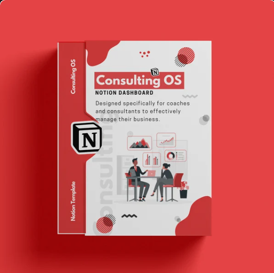 Consulting OS Notion template product card - manage your entire coaching business, track clients, sessions, and fees, with a clear overview of projects and finances, without multiple expensive software subscriptions