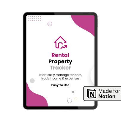 Rental Property Notion Tracker template cover showing tablet mockup with income and expense tracking features.