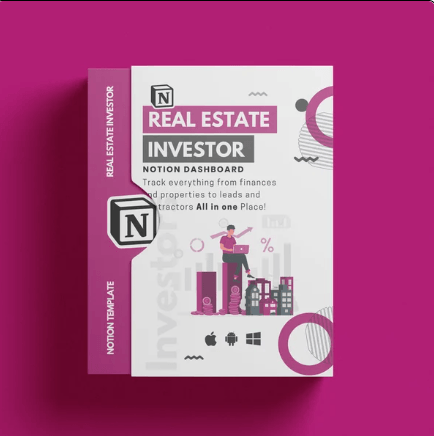 Real Estate Investor Notion Dashboard cover art featuring investment growth graphics and property analysis tools.