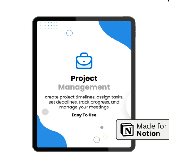 Project Management Notion Template cover featuring a blue tablet mockup, briefcase icon, and task tracking features.