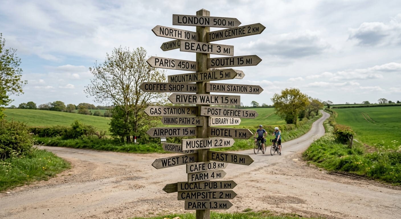 A crossroads with twenty different signs pointing in twenty different directions.