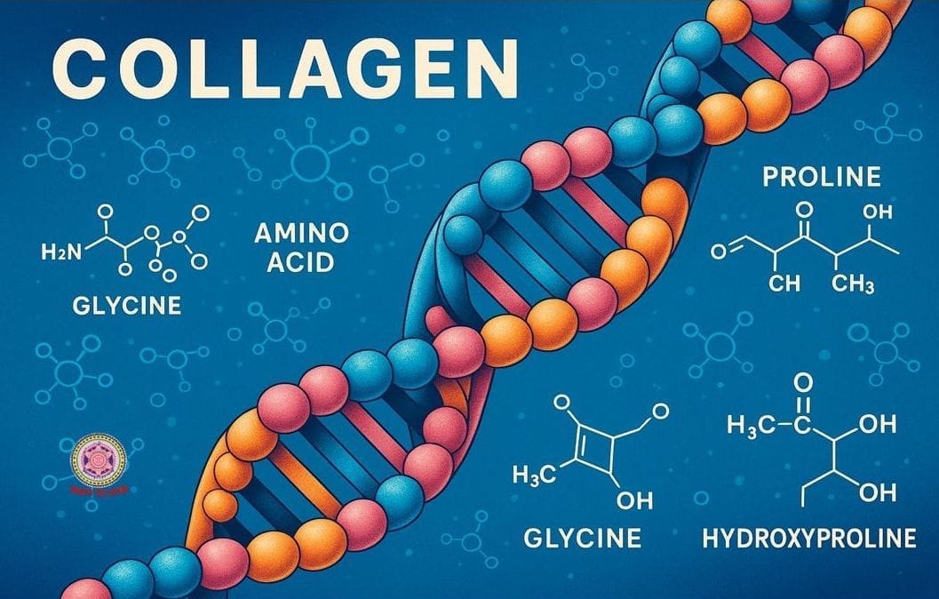 Kollagén hosszú, spirálos szerkezetű molekula, amit főként három aminosav épít fel: glicin, prolin és hidroxiprolin