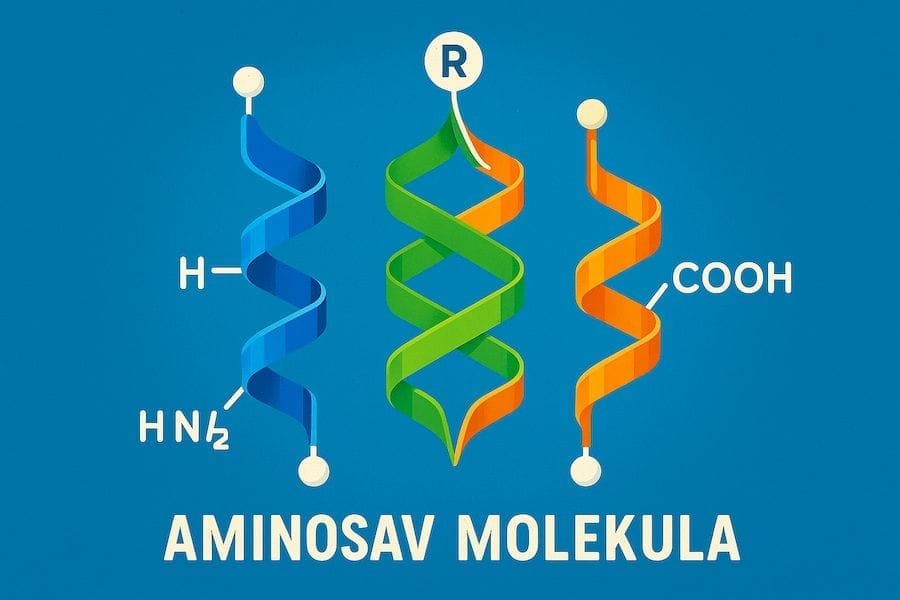 Színes, stilizált aminosav molekula illusztráció kék háttéren, három színes spirállal (kék, zöld, narancs) és kémiai jelölésekkel (NH₂, R, COOH).