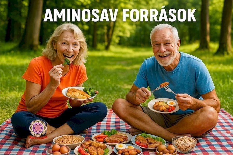 Idősebb, sportos pár vidám pikniken egy kockás pléden, erdei tisztáson. A terítéken gusztusos, főtt és sült aminosav-források: hal, csirkehús, marhaszelet, belsőségek, tojás, magvak és friss zöldségek, napfényes, barátságos hangulatban.