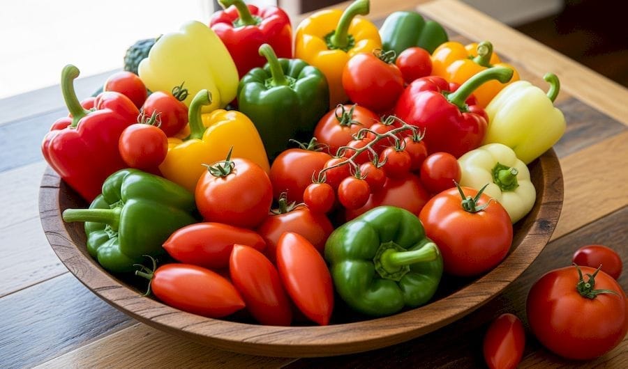 C-vitaminban, és likopinban gazdag fitt tál, tele különböző paprikával, paradicsommal.