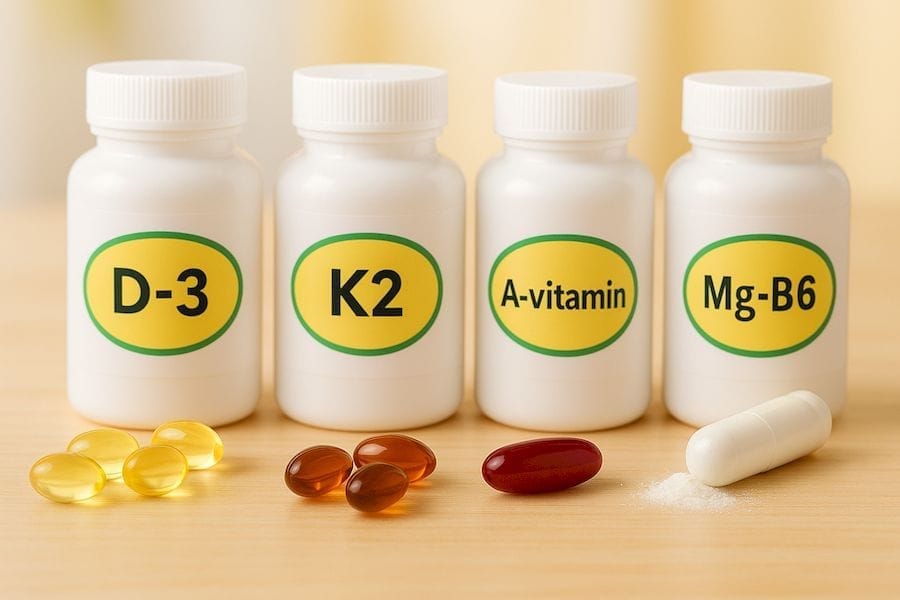 Világossárga D3, sötét borostyán K2, bordó A-vitamin és Mg+B6 poros kapszula fehér, lecsavarható kupakos dobozokkal