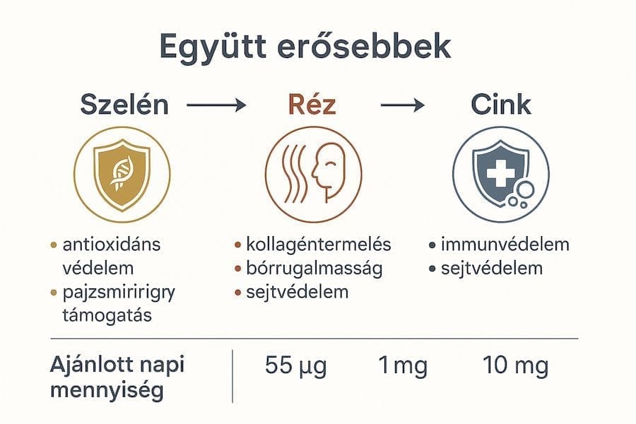 Letisztult, modern infografika, fehér háttéren, 3 fő blokkban ábrázolva Szelén, Réz és Cink hatásait. – Mindegyik blokkhoz ikon: pajzs + DNS-spirál (Szelén), kollagénrost + bőr (Réz), immunpajzs + sejtvédelem