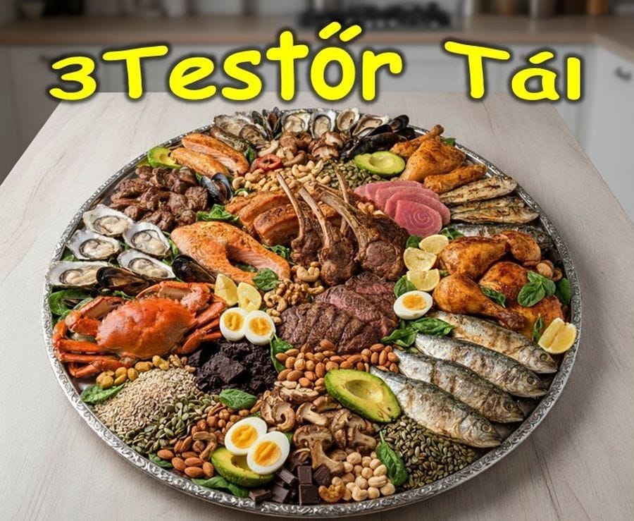 3 Testőr Tál illusztráció egy nagy tálcán szelént, rezet, cinket tartalmazó ételek láthatók, húsok, halak, magvak, gyümölcsök, zöldségek, tojás. Gusztüsosan kitálalva.
