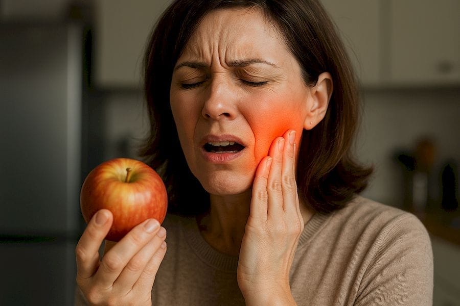 Egy nő fájdalmas arccal egy almába próbál harapni de nem tud, mert fáj az álkapcsa.