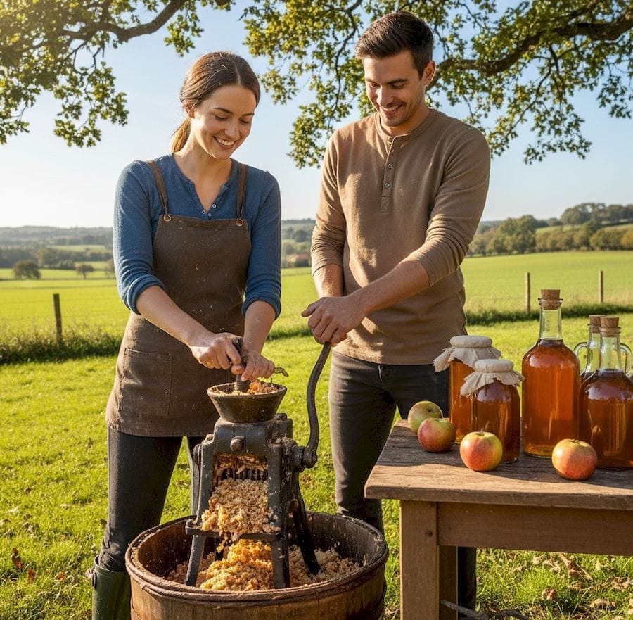 Egy fiatal mosolygós pár almát darál az erjesztéshez, hogy almaecetet készítsenek. Mellettük az asztalon alma, és üvegekben almaecet van.