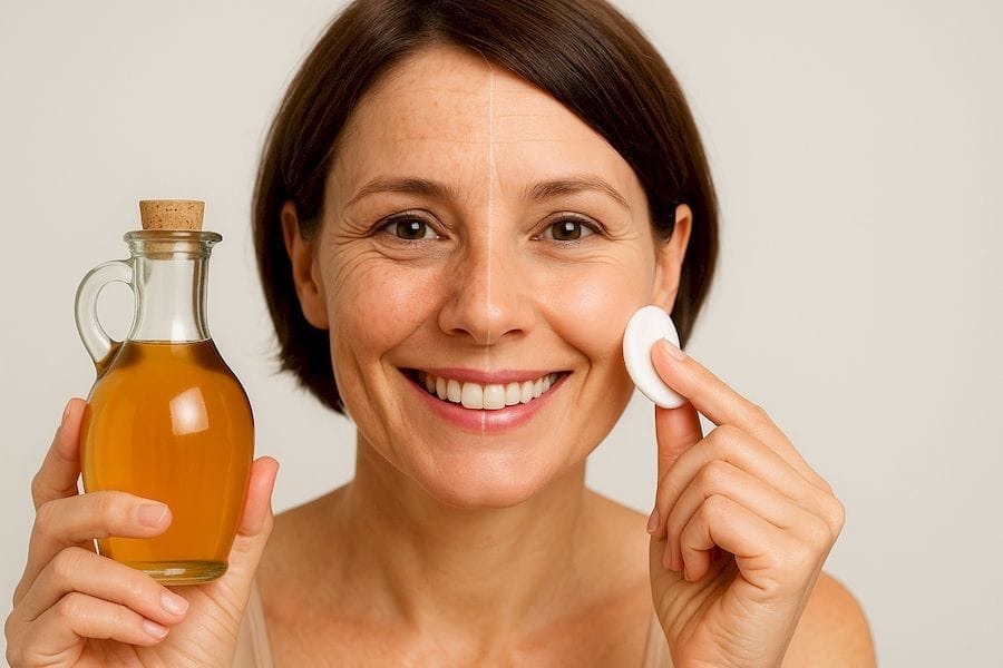 Egy fiatal nő almaecettel kezeli az arcán a bőrt. Azon az oldalon ahol már kezelte szép síma ránctalan a bőre.