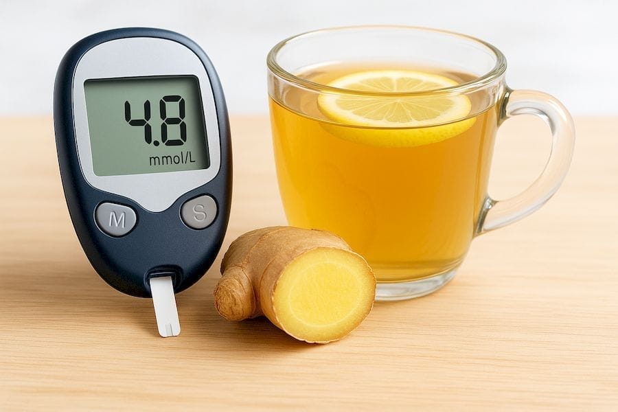 Egy vércukormérő 4.8 értékkel egy csésze gyömbértea és egy félbevágott gyömbér látható