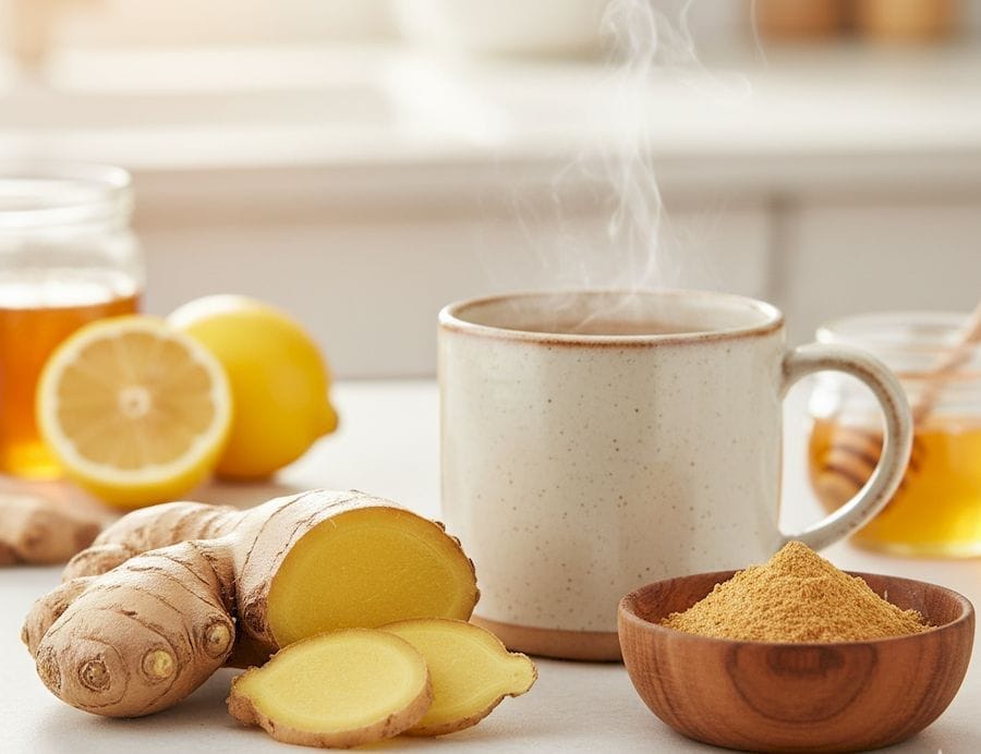 Egy gőzölgő csésze gyömbértea, egy elvágott gyömbér, gyömbérpor egy tálkában. Egy csupor méz, félbevágott citrom. Egy egészséget szimbolizáló képen.