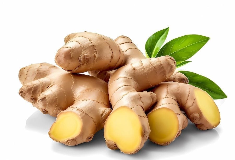 Több darab egész és félbevágott gyömbér leveleivel együtt.