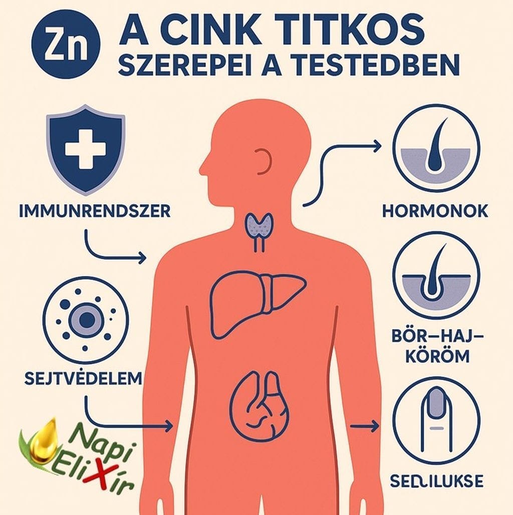 A cink titkos szerepe a testedben, stilizált kép ami mutatja a cink szerepét, az immun, a hormonok, bőr, haj, sejtvédelem területén