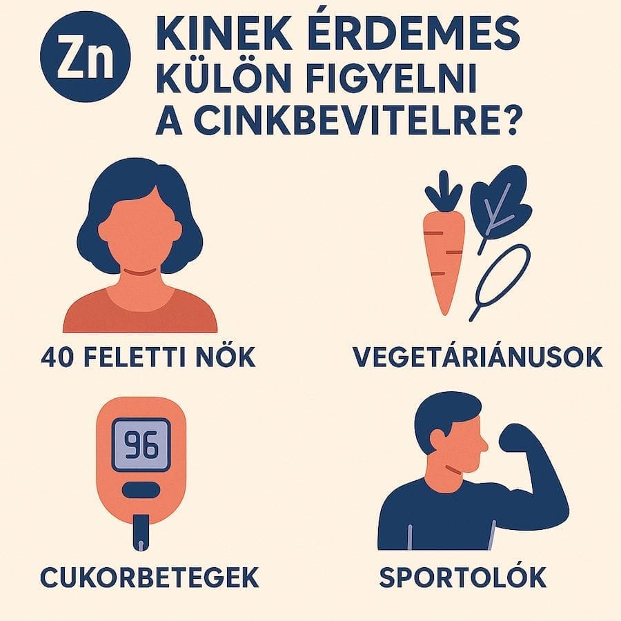 A képen stilizált negyven feletti nőket, vegetáriánusokat, cukorbetegeket, sportolókat ábrázoló ábrák vannak, nekik külön figyelni kell a cink bevitelre.