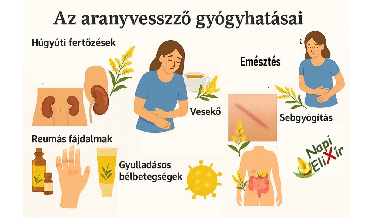 Stilizált kép az aranyvessző gyógyhatásait mutatja be, húgyúti fertőzések, emésztés, reumatikus fájdalmak, gyulladások, sebkezelés területén.