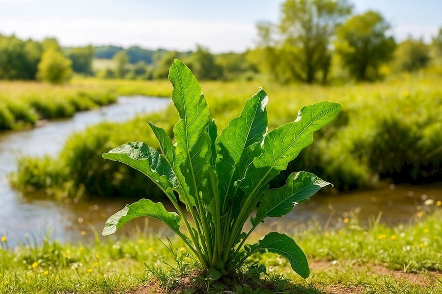 Torma növény zőld egészséges levelekkel, háttérben egy napsütéses mező patakkal. Illusztració