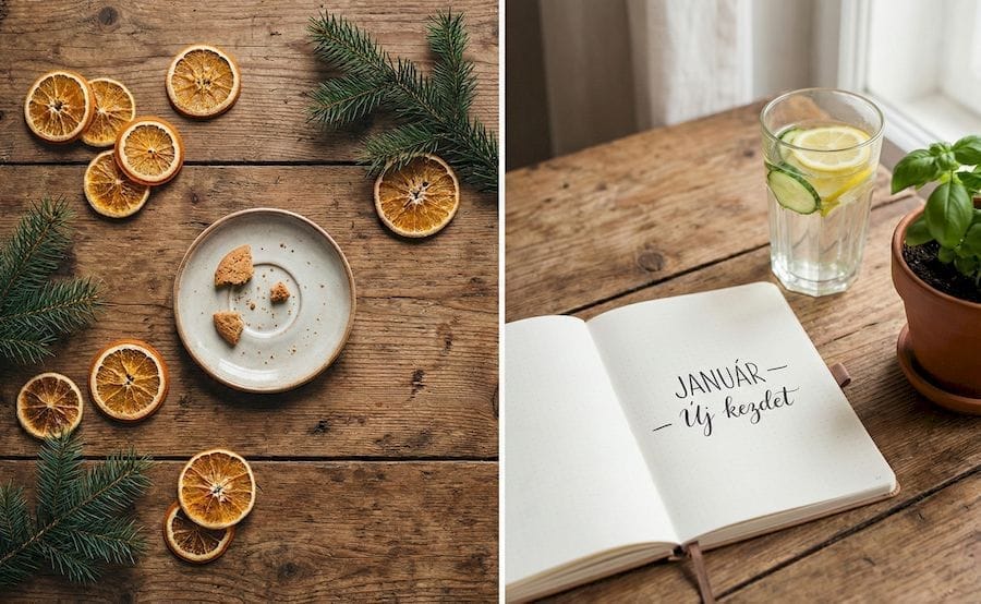 Kétrészes hangulatfotó az ünnepek utáni váltásról: a bal oldalon karácsonyi maradványok (szárított narancs, fenyőág, sütis tányér), a jobb oldalon egy ablak melletti asztalon a januári új kezdet szimbólumai (friss citromos-uborkás víz, bazsalikom és egy 'JANUÁR – Új kezdet' feliratú nyitott napló). Motiváció a könnyed böjthöz és életmódváltáshoz