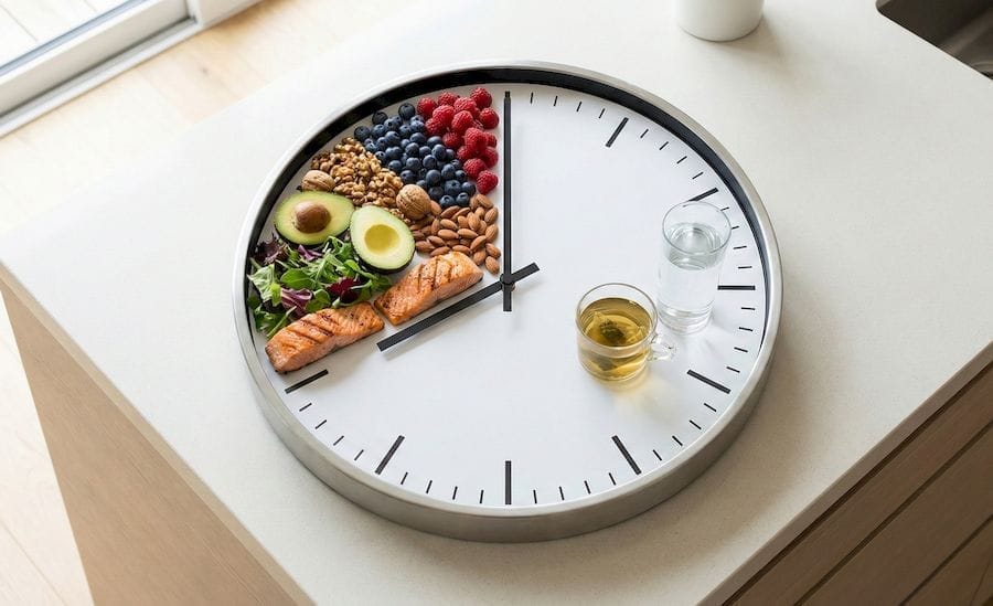 Koncepcionális fotó, amely egy óralapon illusztrálja a 16/8-as időablakos böjtöt. Az óra bal oldalán lévő 8 órás étkezési ablak zsúfolásig van egészséges ételekkel (lazac, avokádó, bogyós gyümölcsök, saláta), míg a jobb oldalon lévő 16 órás böjti időszak üres, csak egy pohár vizet és egy csésze teát mutat a konyhapulton.