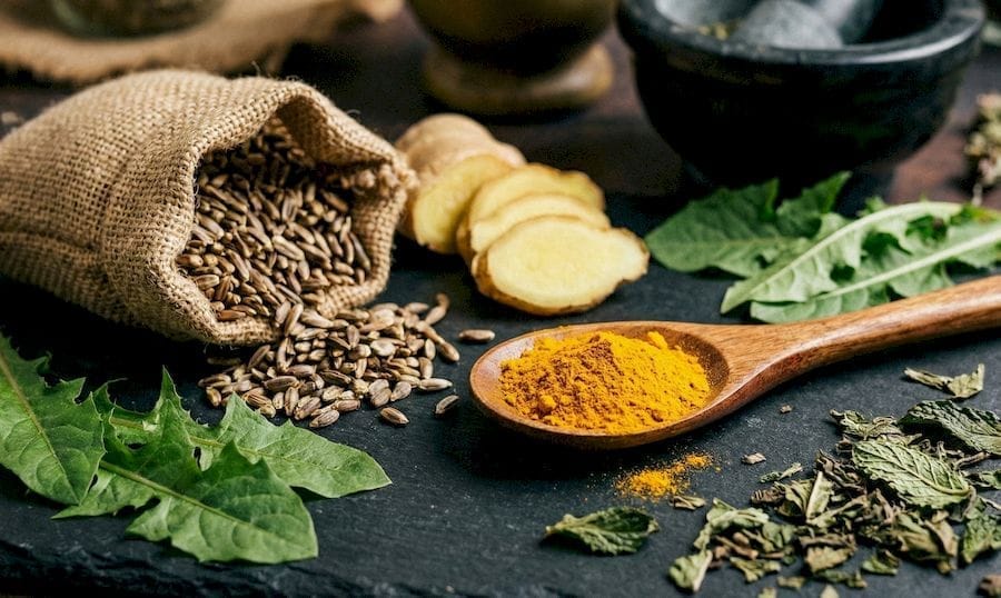 Közeli, rusztikus hangulatú fotó természetes gyógynövényekről sötét pala háttéren. A képen művészien elrendezve látható egy zsák máriatövis mag, szeletelt friss gyömbér, egy fakanál tele élénksárga kurkumaporral, valamint friss pitypanglevelek és szárított borsmenta. A háttérben egy mozsár és törő homályos körvonalai