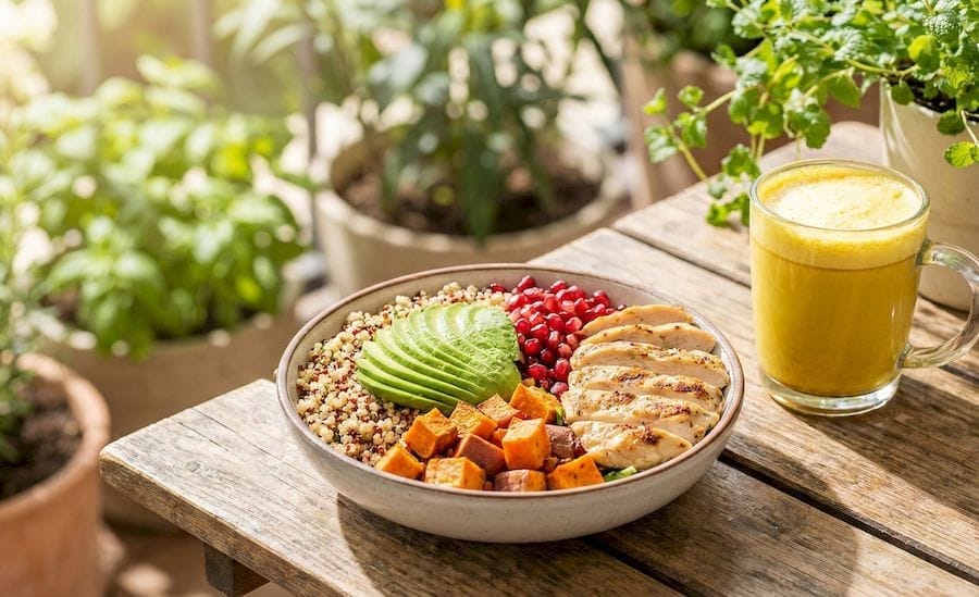 Hívogató, napfényes ételfotó egy egészséges böjttörő fogásról egy terasz faasztalán. A kerámia tálban színes quinoa saláta, grillezett csirkemell szeletek, avokádó, sült édesburgonya kockák és gránátalmamagok. Mellette egy üvegbögre habos arany tej (kurkuma latte).