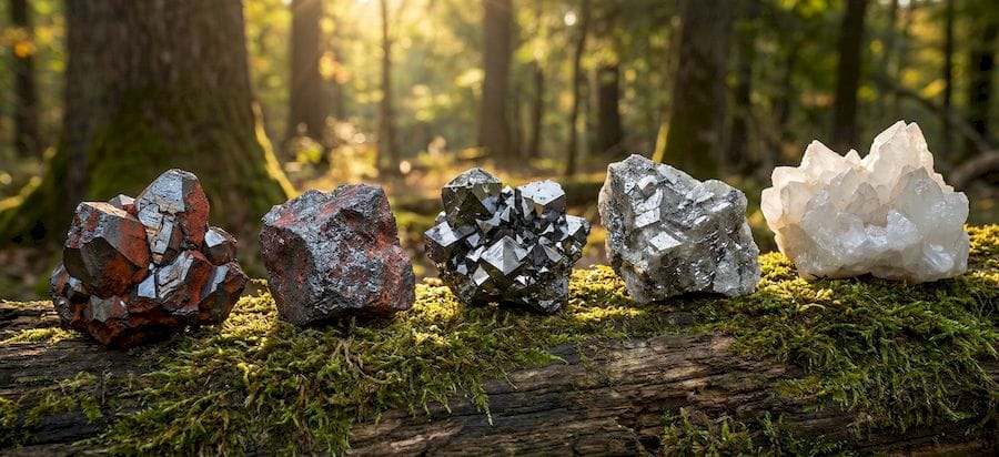 A képen 5 ásvány vas, cink, magnézium, szelén és króm látható bányászott kristályos formában.
