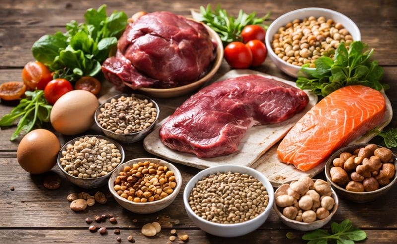 Vaszban gazdag ételek láthatók egy asztalon. Máj, hús, tojás, spenót, bab, lencse. hal.