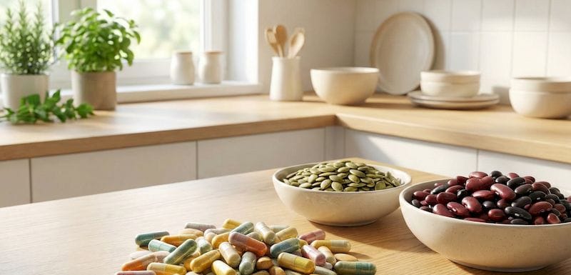 Színes szerves cink kapszulák és tabletták kupacban egy fa konyhapulton, mellette tálakban tökmag és vegyes bab, a háttérben világos konyhai környezet.