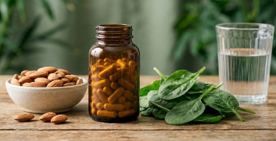 : Barna üvegben lévő szerves magnézium kapszulák egy fa asztalon, mellette természetes forrásai: egy tál mandula, friss spenót és egy pohár víz, nyugtató zöld háttérrel.