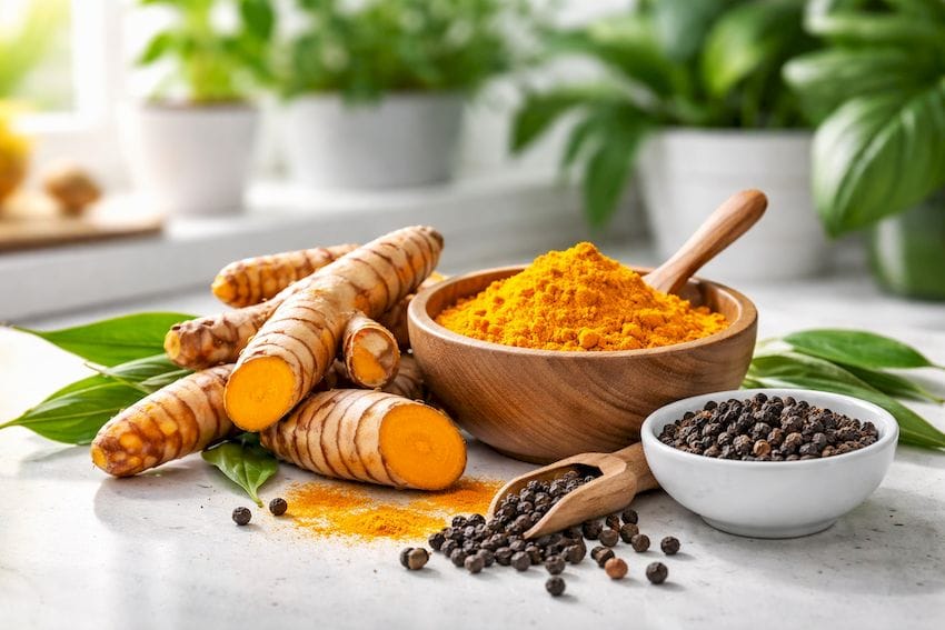 Friss kurkuma gyökerei és őrölt kurkuma egy fa tálban, fekete bors szemcsékkel és zöld növényekkel díszített konyhai pulton. A háttérben tiszta, világos környezet, amely a természetes nootropikumok erejét szimbolizálja.