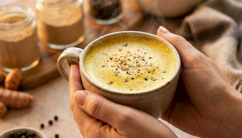 Gőzölgő arany tej (kurkuma latte) krémes habbal és fahéjjal egy csészében, amit két női kéz fog. Hangulatos asztalon, reggeli napsütésben