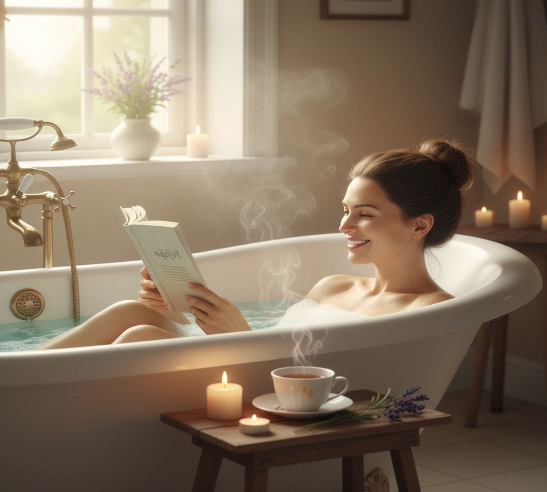 Mosolygó nő meleg fürdőben pihen, könyvet olvas, mellette tea, gyertyák és levendula látható, nyugodt otthoni relaxációs hangulatban.