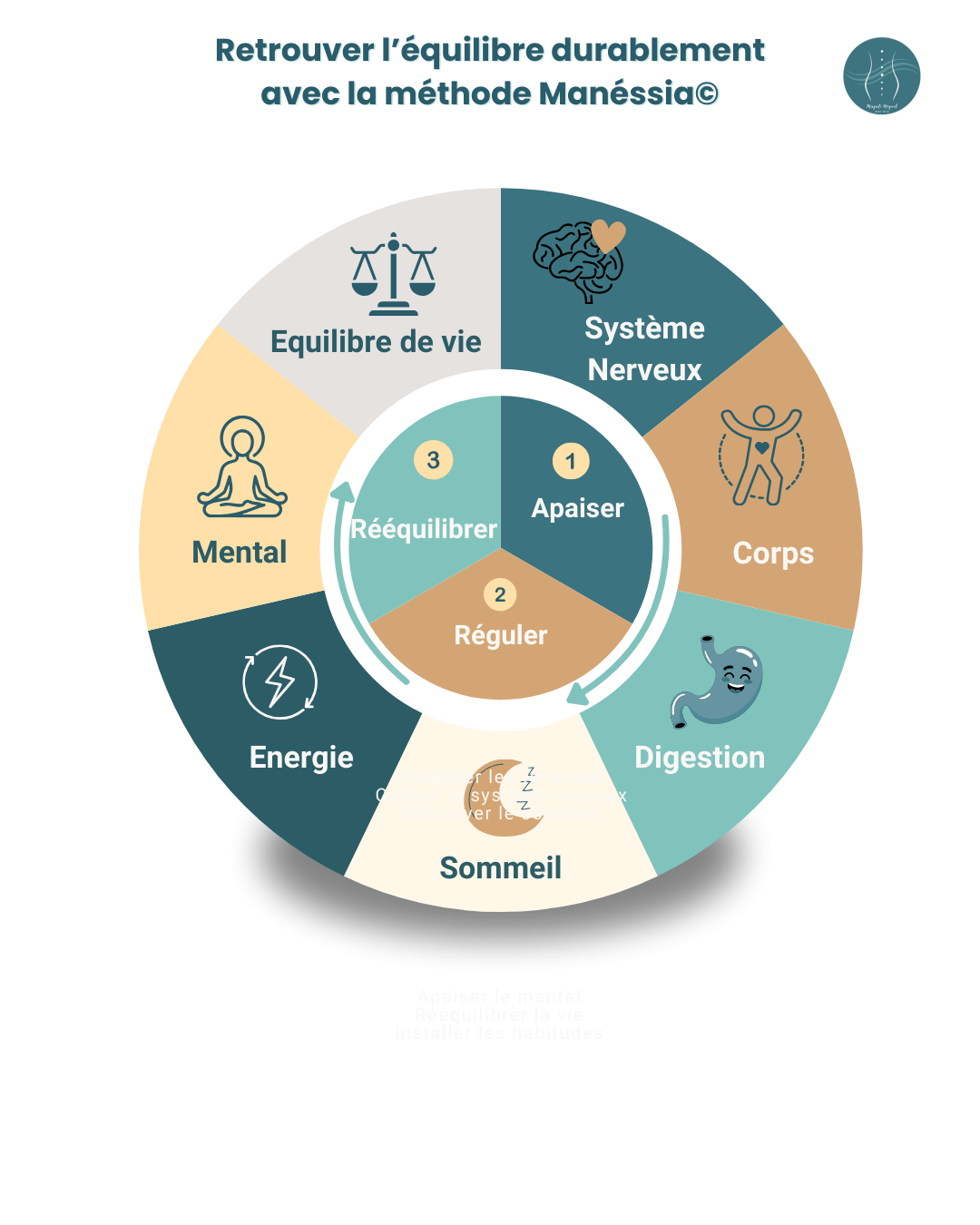 Roue d'équilibre Manéssia© — 7 piliers : système nerveux, corps, digestion, sommeil, énergie, mental, équilibre de vie