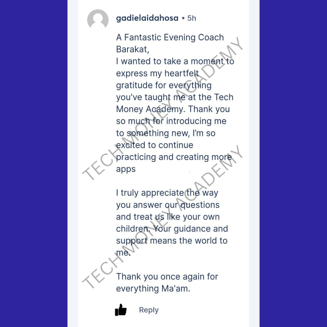 "Screenshot of Zoom message from Tobi, son of Channels TV veterans Ladi and Betty Akeredolu-Ale, praising Tech Money Academy