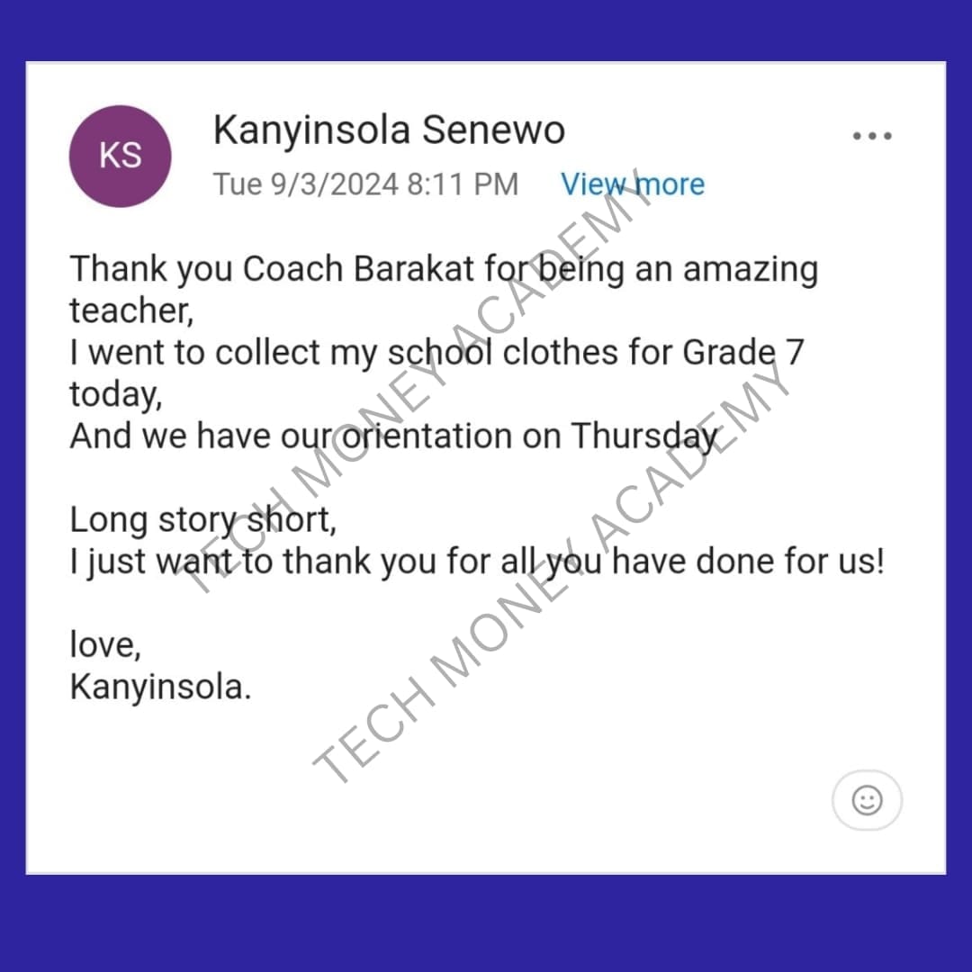WhatsApp message from Mrs Uzo Tony-Ogbata, founder of Kazich School in Abuja, praising her son's experience at the Tech Money Academy AI Summer Program July 2025 cohort