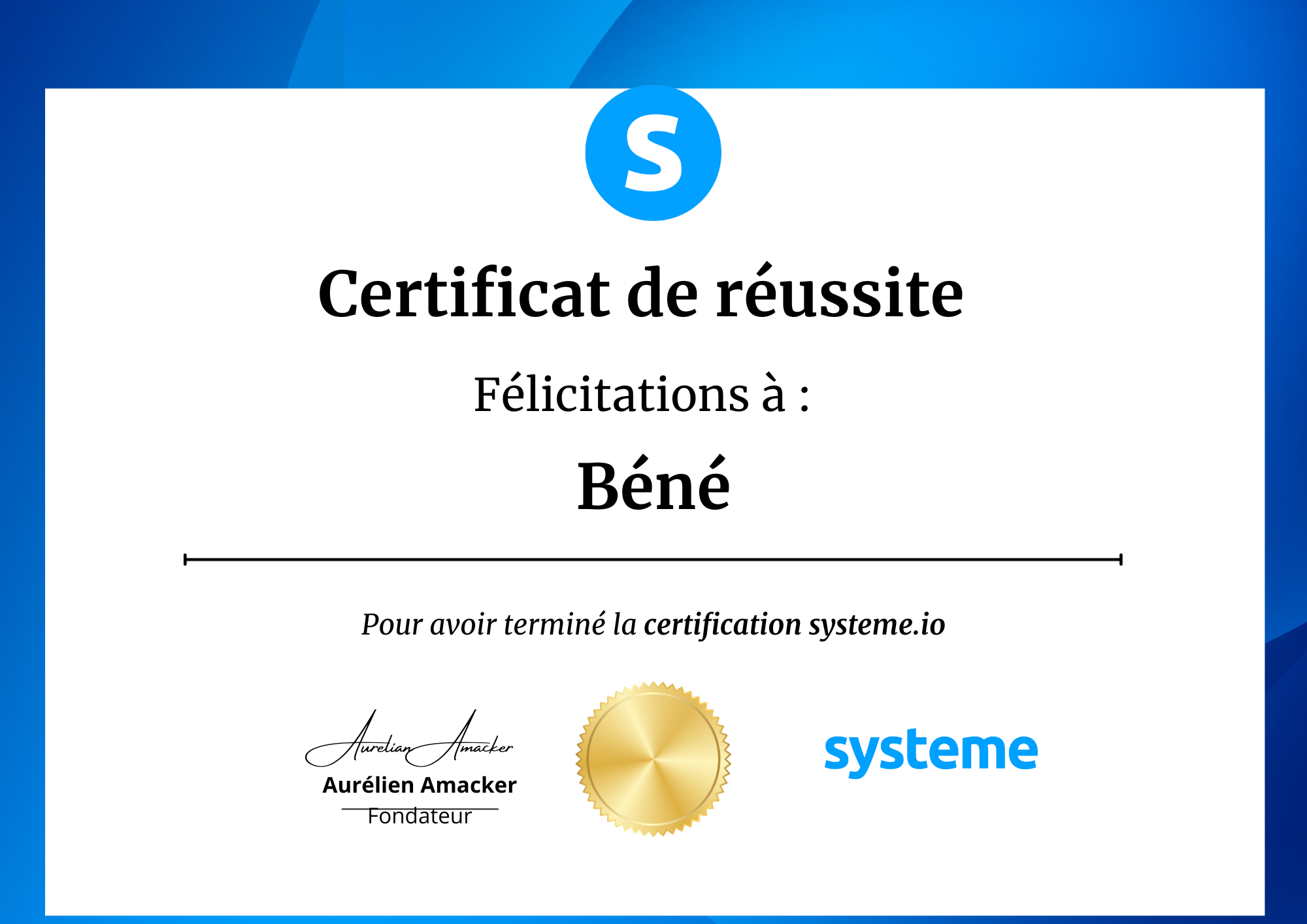 Certificat de réussite systeme io