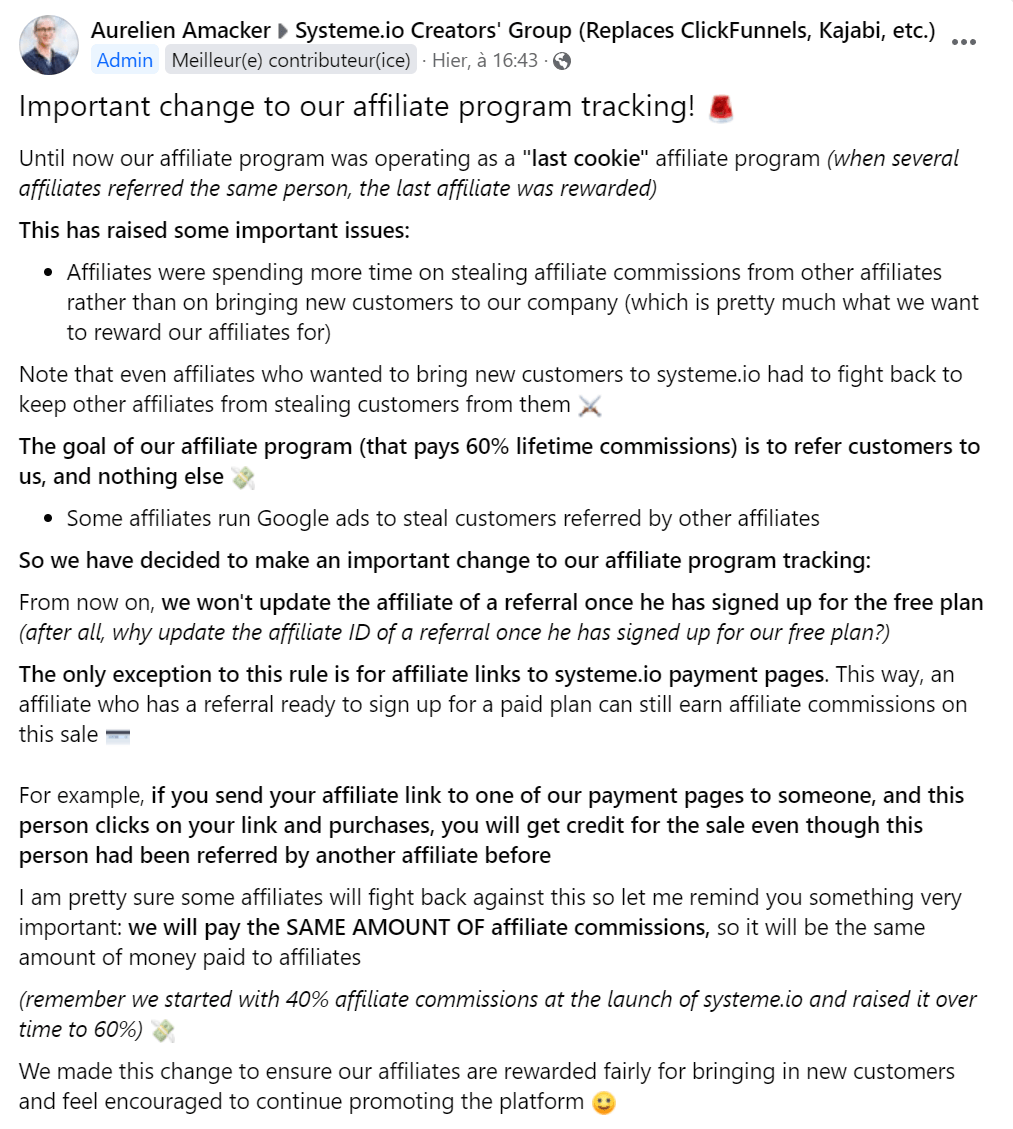 systeme io cookie affiliate program change