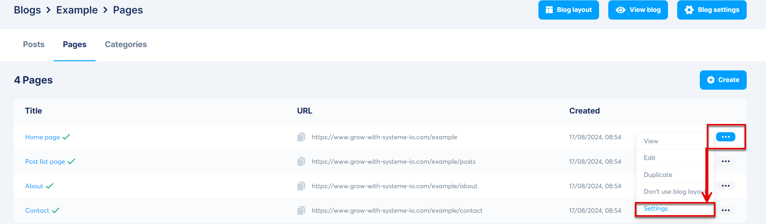 systeme io blog page settings