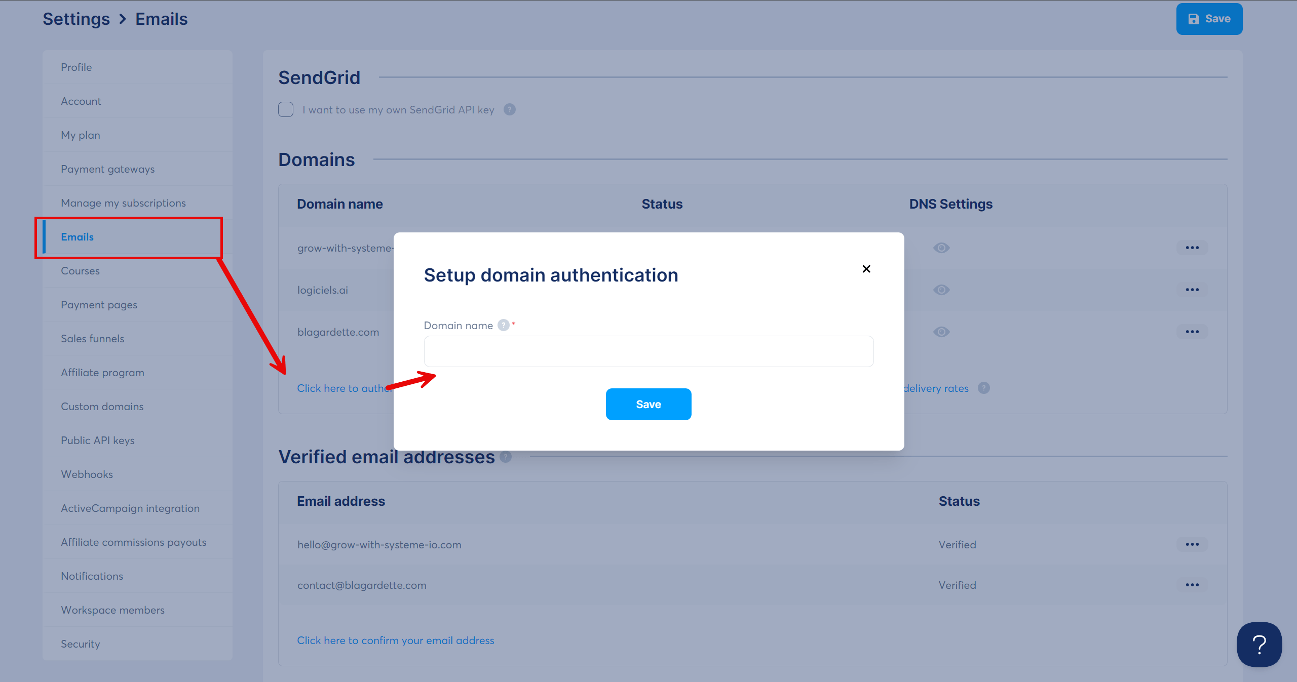 Systeme io domain emails authentication