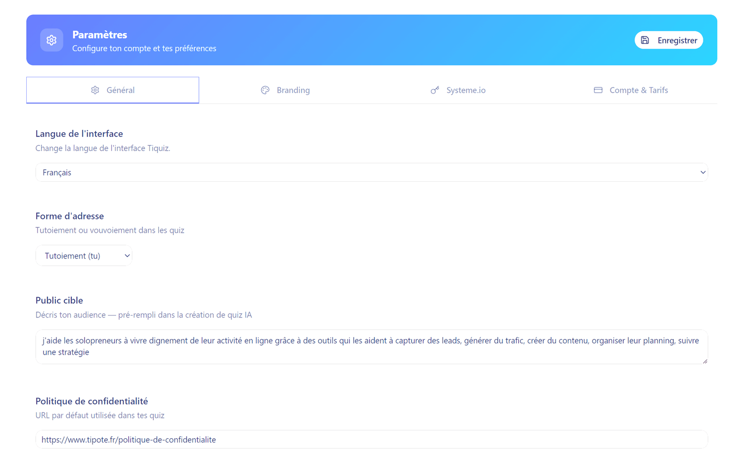 parametres tiquiz