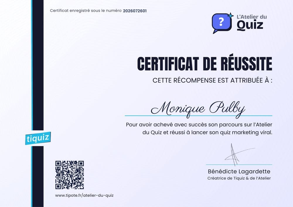 Certificat de r&eacute;ussite de l'Atelier du Quiz au nom de Monique Pulby